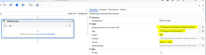 The image shows a UIPath interface focused on a Python Scope activity with configured settings for a Python environment, including the library path to "C:rogram Filesython313ython313.dll" and version constraints set to Python > 3.10. (Captioned by AI)