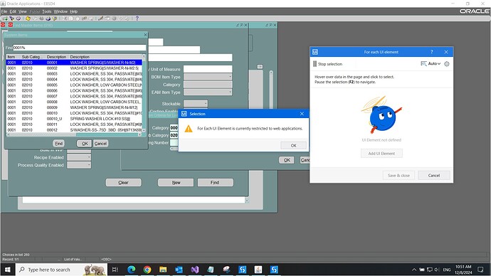 An Oracle Applications interface is open with multiple overlapping dialog boxes, including an item selection list, a selection restriction alert, and a UI element selection tool. (Captioned by AI)