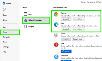 This image shows the Tools section in UiPath Studio with focus on installed browser extensions for Chrome and Edge. (Captioned by AI)