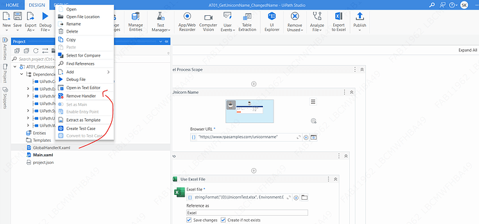 The image shows a screenshot of UiPath Studio with a context menu open revealing options such as "Open in Text Editor" and "Remove Handler" on a project file named "Main.xaml." (Captioned by AI)