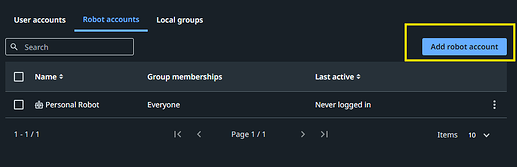 A screenshot of a user interface showing the "Robot accounts" section with a highlighted "Add robot account" button. (Captioned by AI)