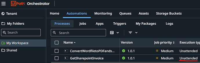 The image shows the UiPath Orchestrator's Automations page, highlighting two processes named "ConvertWordfiletoPDFands..." and "GetSharepointInvoice" with a job priority of "Medium" and an execution type of "Unattended." (Captioned by AI)