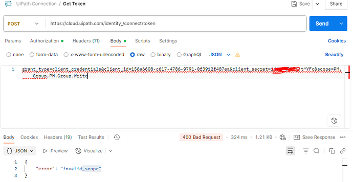The image depicts an API request setup and response in a software tool, showing a failed request with a 400 Bad Request error and an 'invalid_scope' message. (Captioned by AI)