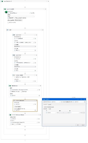 This image shows an automation script for Excel in Japanese, including steps for importing data, setting up filters, and appending data to a table. (Captioned by AI)