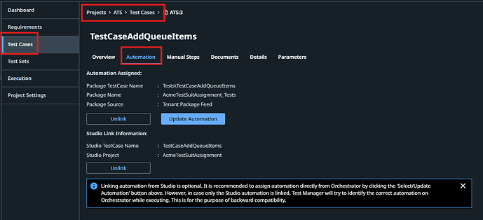 A software interface displaying automation settings for a test case named "TestCaseAddQueueItems," with navigational breadcrumbs and a sidebar menu highlighting the "Test Cases" section. (Captioned by AI)