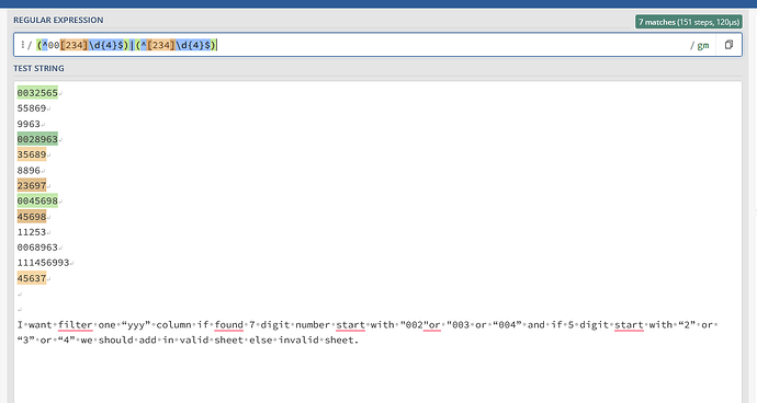 The image shows a regular expression test in which the regex pattern is used to match specific sequences in a list of numerical test strings, highlighting those that meet the criteria. (Captioned by AI)
