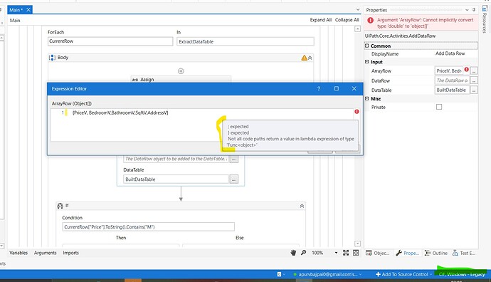 Error in Add Data Row Activity not all code paths return a value