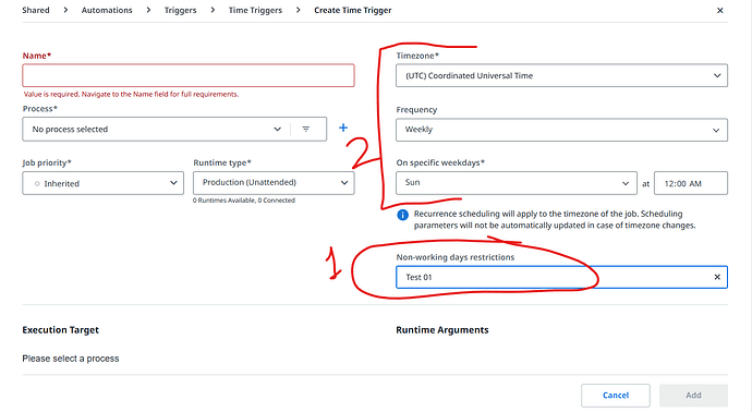 The image displays a user interface for creating a 'Time Trigger' automation setup with options for naming, scheduling, and restrictions. (Captioned by AI)