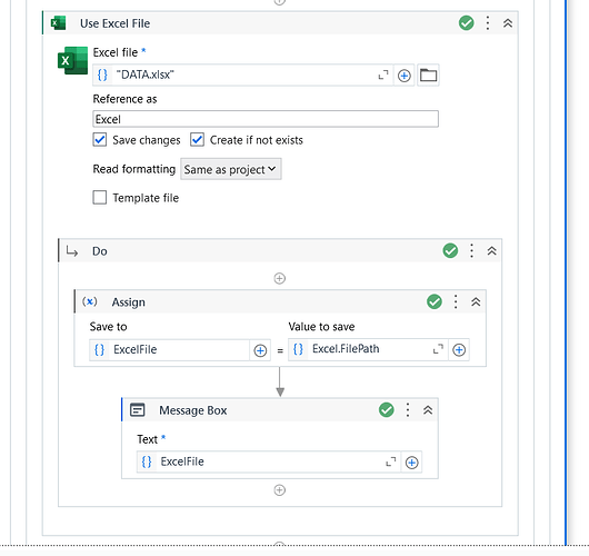 This image depicts a workflow with steps to handle an Excel file in a programming or automation environment, including assigning a file path and displaying it in a message box. (Captioned by AI)