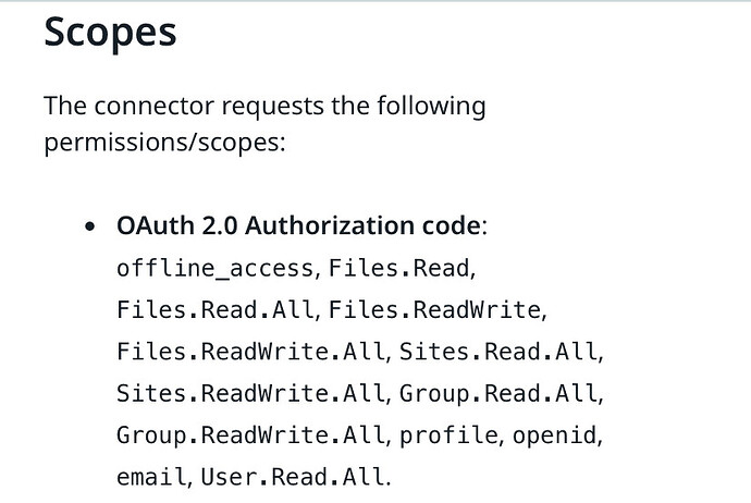 The image lists the OAuth 2.0 authorization code scopes required by a connector, including permissions for offline access, file reading and writing, site reading and writing, group reading and writing, user profile, email, and open id. (Captioned by AI)