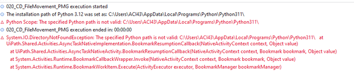 The image shows an error log indicating that a Python path is invalid, preventing an execution from completing successfully. (Captioned by AI)
