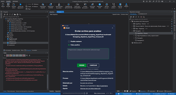 A UiPath Studio interface is open with an Avast file analysis prompt showing the possible detection of malware. (Captioned by AI)