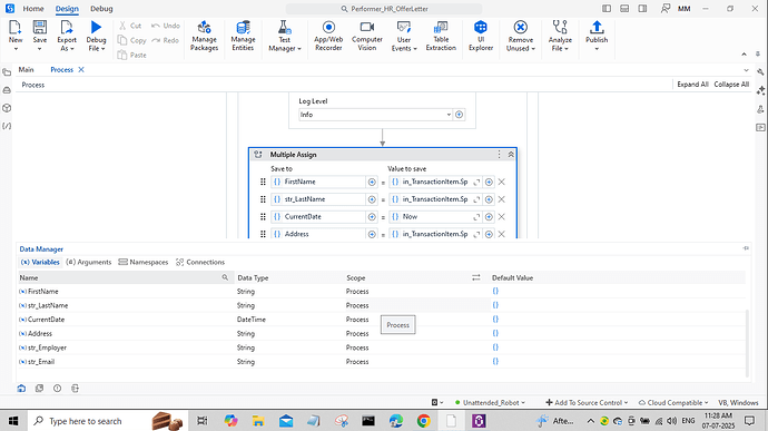 The image shows an automation workflow in UiPath Studio focusing on assigning process variables dynamically. (Captioned by AI)
