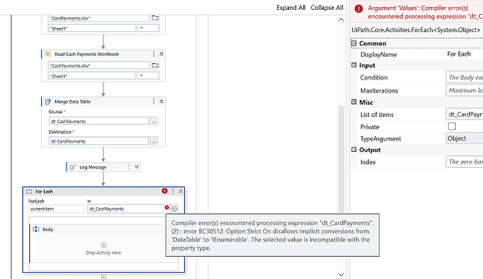 The image shows a UiPath workflow with a "For Each" activity that has encountered a compiler error due to the implicit conversion issue from 'DataTable' to 'IEnumerable' with Option Strict On. (Captioned by AI)