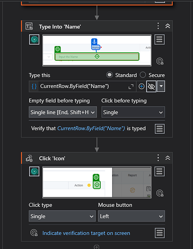The image shows a sequence in an automation workflow where a 'Name' field is populated using a variable from a data row, followed by a click on an icon. (Captioned by AI)