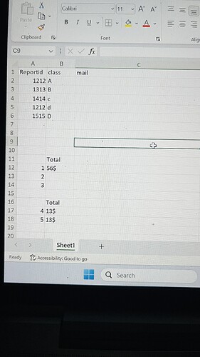 A spreadsheet displayed on a screen contains columns labeled "Reportid," "class," and "mail," along with some totals and calculations. (Captioned by AI)