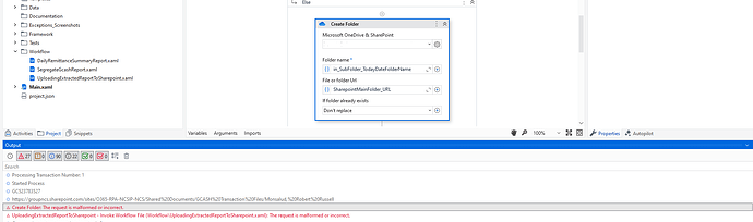 The image shows an error in UiPath indicating a malformed or incorrect request when attempting to create a folder in Microsoft OneDrive & SharePoint. (Captioned by AI)