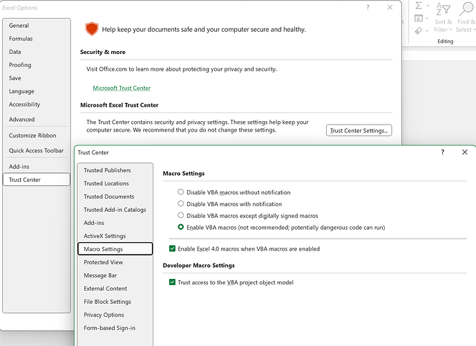 This image shows the Excel Options menu, specifically the Trust Center settings, with the Macro Settings section selected and the option to enable VBA macros checked. (Captioned by AI)