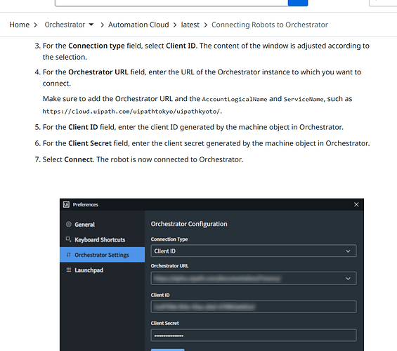 The image shows instructions for connecting a robot to Orchestrator, accompanied by a screenshot of the Orchestrator Configuration settings in the UiPath software. (Captioned by AI)