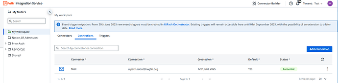 The image displays a dashboard screen from UiPath Integration Service, showing a connected email connector with details including creation date and default status, and a notice about event trigger migration scheduled for June 30, 2025. (Captioned by AI)