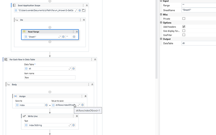 The image shows a UiPath workflow for reading an Excel file, iterating through each row of a data table, determining the row index, and writing the index to the output. (Captioned by AI)