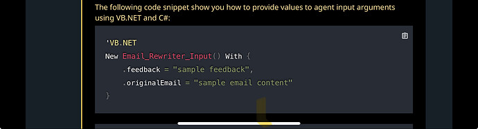 The image shows a code snippet demonstrating how to provide values to agent input arguments using VB.NET. (Captioned by AI)