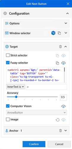 A configuration interface for editing the next button with various selector options and accuracy settings is displayed. (Captioned by AI)