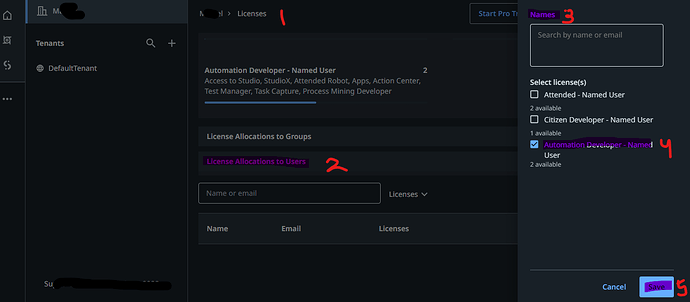 The image shows a license management interface where a user is allocating an "Automation Developer - Named User" license to an individual and preparing to save the changes. (Captioned by AI)