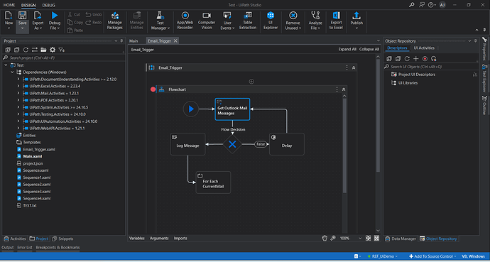 The image shows a screenshot of the UiPath Studio interface displaying an email-triggering workflow in a flowchart format within a project named "Test." (Captioned by AI)