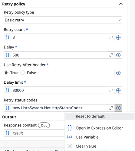 The image displays a retry policy configuration interface with settings such as retry type, counts, delay, and output options. (Captioned by AI)