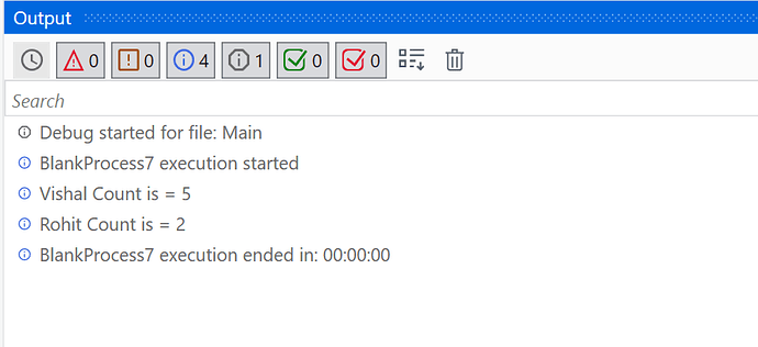 The image shows the output of a debugging session in a software development environment, indicating that the process "BlankProcess7" started and ended successfully with specific count values for "Vishal" and "Rohit". (Captioned by AI)