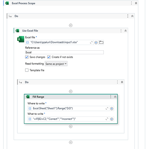 This image shows an automation workflow process that uses an Excel file to fill a range of cells in column D with a formula to check if values in column B and C are equal, indicating "Correct" or "Incorrect" accordingly. (Captioned by AI)