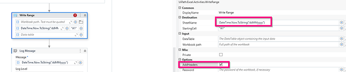 The image shows a UiPath automation workflow with a "Write Range" activity configured to write data to an Excel sheet named using the current date, with headers included, followed by a "Log Message" activity. (Captioned by AI)
