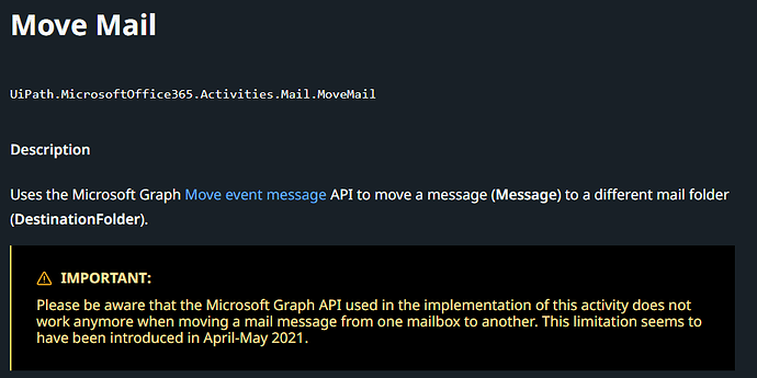 The image is an informational notice about the "Move Mail" function in UiPath's Microsoft Office 365 activities, highlighting its use of the Microsoft Graph API to move email messages to different folders and indicating an important limitation introduced around April-May 2021. (Captioned by AI)
