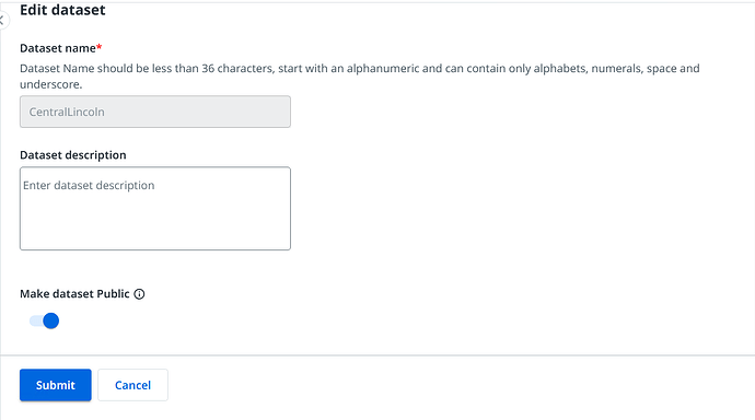 A form interface for editing dataset details, including name, description, and public visibility settings, with submit and cancel buttons. (Captioned by AI)