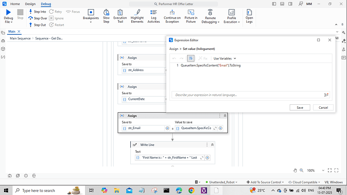 A software interface showing debugging and expression editing tools for variable assignment in a development environment. (Captioned by AI)