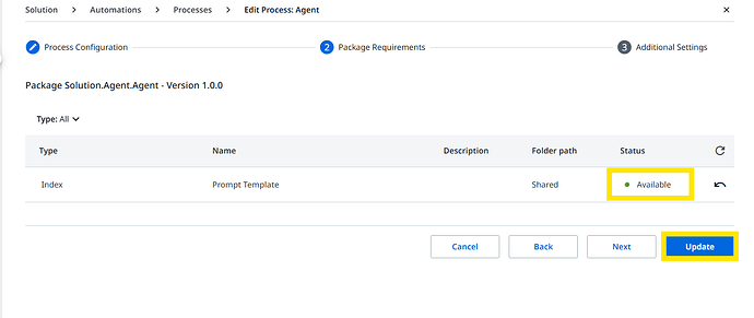 The image displays a software interface for editing process agents with tabs for process configuration, and options regarding package requirements and additional settings, including controls for updating or navigating back. (Captioned by AI)