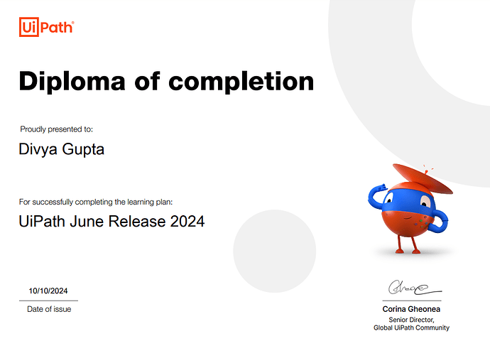 The image is a UiPath diploma of completion awarded to Divya Gupta for successfully completing the learning plan "UiPath June Release 2024," issued on 10/10/2024. (Captioned by AI)