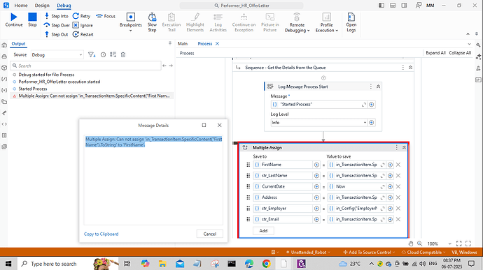 The image displays a software interface debugging process in UiPath Studio, showing a workflow and error message related to data assignment. (Captioned by AI)