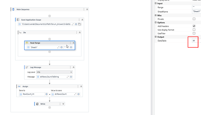 The image shows a UiPath workflow that reads data from an Excel sheet into a DataTable ("dt"), logs the row count, and assigns the row count to an integer variable ("RowCount_int"). (Captioned by AI)