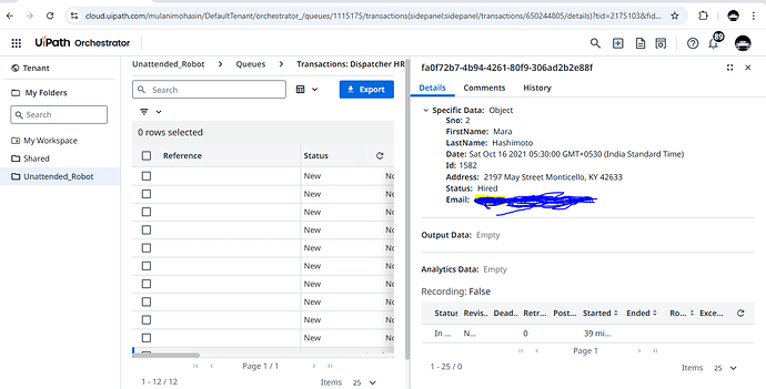 The screenshot displays the UiPath Orchestrator interface with queue information and detailed data of a specific transaction featuring a status of 'Hired.' (Captioned by AI)