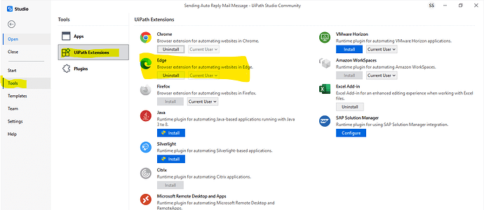 This image shows the UiPath Studio Community interface with the Tools section selected, highlighting the UiPath Extensions, where various browser extensions and runtime plugins are listed for installation or uninstallation. (Captioned by AI)