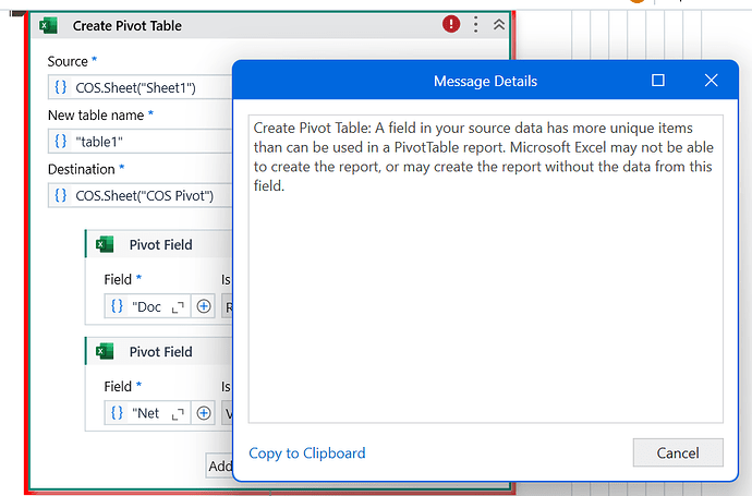 An error message indicates that a field in the source data has more unique items than can be used in a PivotTable report in Microsoft Excel. (Captioned by AI)