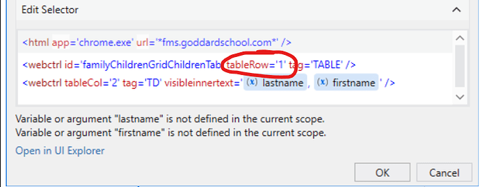 The image shows an Edit Selector window from a web automation tool, highlighting an issue where the variables "lastname" and "firstname" are not defined in the current scope. (Captioned by AI)