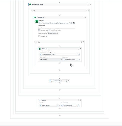 This image shows a UiPath workflow for processing an Excel file that involves deleting specific rows and updating the row count. (Captioned by AI)