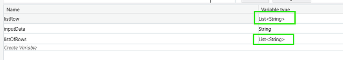 This image displays a table with variable names and their types, highlighting two variables of the type List<String> in green. (Captioned by AI)