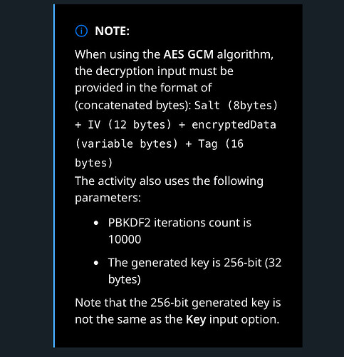 The image provides a note on using the AES GCM algorithm for decryption, specifying the required input format and parameters such as PBKDF2 iteration count and key size. (Captioned by AI)