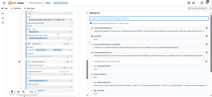 The image shows a UiPath Studio environment where an RPA workflow labeled "Main" is being edited, with sections detailing file handling, logging, and an unsuccessful upload attempt, accompanied by various debugging watches. (Légende par l'IA)