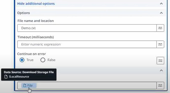 The image shows a file download interface with options for specifying the file name, location, timeout in milliseconds, and whether to continue on error, alongside a hovering tooltip for the data source labeled "Download Storage File." (Captioned by AI)