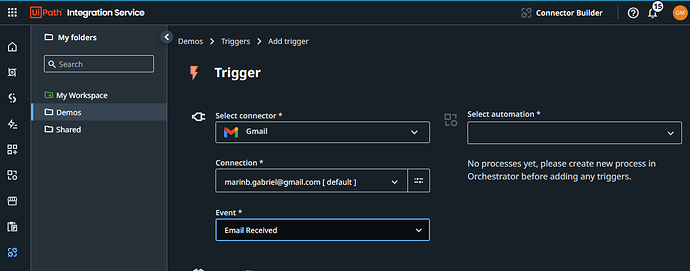 A trigger setup screen in UiPath Integration Service is shown, where a Gmail connector is being configured to initiate an automation upon receiving an email. (Captioned by AI)